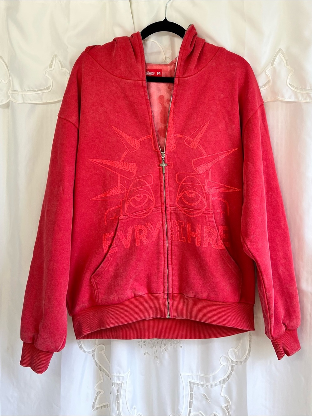 Y2K Red Distressed Graphic Zip Up Hoodie Cross Goth Grunge Size M